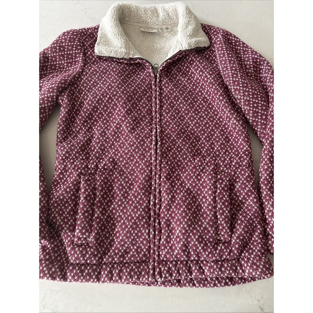 L.L. Bean Womens XS Petite Birds Eye Berry‎ Sherpa Collar Fleece Full Zip Jacket